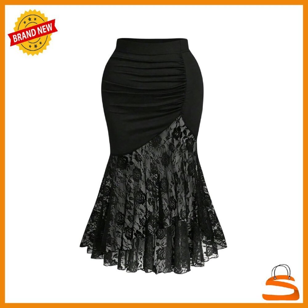 Plus Size Mesh Ruched Fishtail Maxi Skirt High Waist Asymmetrical Bodycon